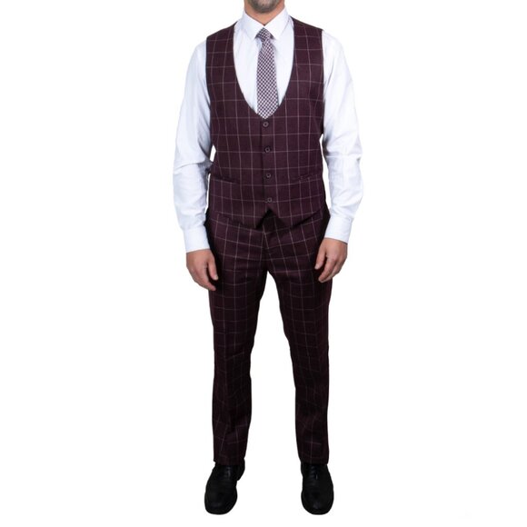Burgundy Windowpane 3 piece Stacy Adams Men's suit - Picture 3 of 4
